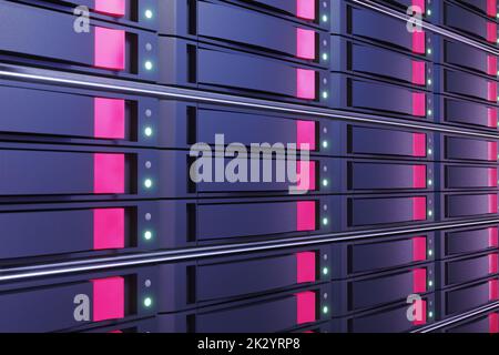 Array di dischi rigidi che formano un NAS (Network Attached Storage) in un data center. 3D illustrazione del concetto di storage su cloud e data mining Foto Stock
