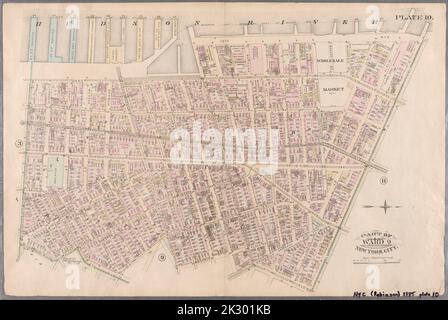 Cartografica, Mappe. 1885. Lionel Pincus e la Principessa Firyal Map Division. Real Property , New York (state) , New York, New York (N.Y.) Piastra 10: Delimitata da West Street (Hudson River, Piers 39-47), W. 11th Street, 13th Avenue (Hudson River, Piers 52?-59), W. 14th Street, 7th Avenue, Greenwich Avenue, Perry Street, Waverly Place, Christopher Street, W. 4th Street, 6th Avenue, Bleecker Street, Cottage Place e W. Houston Street. Parte di Wards 10, New York City. Foto Stock