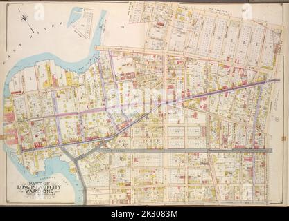 Cartografica, Mappe. 1907 - 1908. Lionel Pincus e la Principessa Firyal Map Division. Vampate (New York, N.Y.) Queens, Vol. 2, Double Page No. 8; Part of Long Island City Ward One (Part of Old Wards 4 & 5).; Map Bounded by Woolsey Ave., De Bevoise Ave., Ely Ave., Flushing Ave., Newtown Ave., Van Alst Ave., Hoyt Ave., Hopkins Ave., Grand Ave., Fulton Ave.; Tra cui Bradford St., Carver St., Marc PL., Lockwood St., Lawrenoe St., Acadamy St., Isabella PL., Chauncey St., N. Henry St., Cooper St., Whitney St., Crescent St., Goodrigh St., Astor PL., Merchant St., Howland St., Hallett St., Spring St., B. Foto Stock