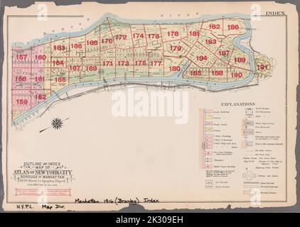 Cartografica, Mappe. 1916. Lionel Pincus e la Principessa Firyal Map Division. Atlases, Manhattan (New York, N.Y.), Real Property , New York (state) , New York Index: Borough of Manhattan, 145th Street to Spuyten Duyvil Outline and Index Map of Atlas of New York City Foto Stock