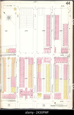 Cartografica, Mappe. 1884 - 1936. Lionel Pincus e la Principessa Firyal Map Division. Assicurazione antincendio , New York (stato), Real Property , New York (stato), Cities & Cities , New York (stato) Brooklyn V. 9, Plate No. 44 Mappa delimitata da Irving Ave., Hancock St., Hamburg Ave., Madison St. Foto Stock