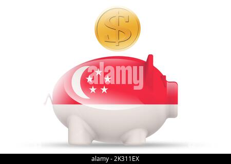 Piggy bank con bandiera di Singapore e moneta d'oro, rendering 3D Foto Stock