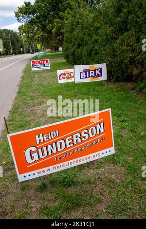 Vadnais Heights, Minnesota. Varietà di segni di campagna politica nel cortile dei proprietari di case per le elezioni di midterm. Foto Stock