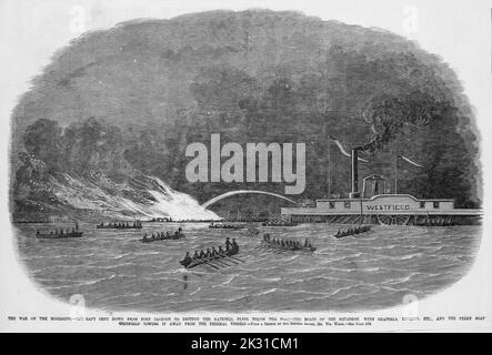 La guerra sul Mississippi - fuoco zattera inviata da Fort Jackson per distruggere la flotta nazionale sotto il forte - le barche dello squadrone, con grappoli, secchi, ecc, e il traghetto Westfield trainandolo lontano dalle navi federali. Aprile 1862. Battaglia di Forts Jackson e St. Philip, Louisiana. Illustrazione della guerra civile americana del 19th° secolo dal quotidiano illustrato di Frank Leslie Foto Stock