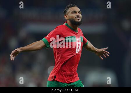 Barcellona, Spagna. 23rd Set, 2022. Sofiane Boufal del Marocco festeggia dopo aver segnato il 1-0 durante la partita internazionale amichevole tra Marocco e Cile giocata allo stadio RCDE il 23 settembre 2022 a Barcellona, Spagna. (Foto di Bagu Blanco / PRESSIN) Credit: PRESSINPHOTO AGENZIA SPORTIVA/Alamy Live News Foto Stock