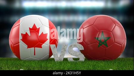 Qatar 2022 Coppa del mondo di calcio gruppo F Canada vs Marocco. illustrazione 3d. Foto Stock