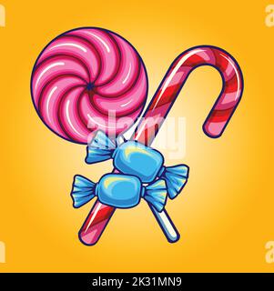 Divertente caramella dolce lollipop illustrazione illustrazioni vettoriali per il vostro logo di lavoro, maglietta di merchandise, adesivi e disegni di etichetta, poster, biglietto di auguri Illustrazione Vettoriale