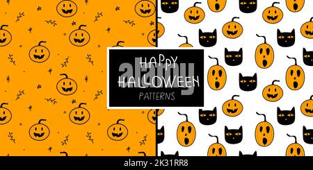 Halloween Set motivo senza cuciture con zucca e gatto. Creepy vettore illustrazione il 31 ottobre. Illustrazione Vettoriale