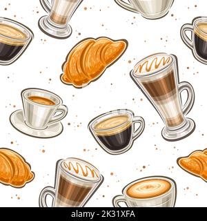 Vector Coffee motivo senza cuciture, fondo quadrato ripetitivo con set di illustrazioni ritagliate varie bevande da caffè in tazze trasparenti e in porcellana, Illustrazione Vettoriale