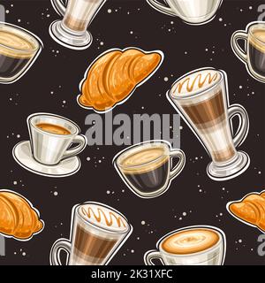 Vector Coffee motivo senza cuciture, sfondo ripetuto con set di illustrazioni ritagliate varietà di bevande da caffè in tazze in porcellana e chiaro sul dorso scuro Illustrazione Vettoriale