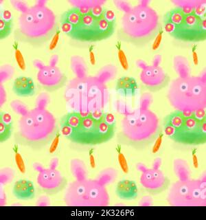 Modello senza cuciture di morbidi conigli rosa su sfondo bianco con carote, carino disegnato a mano di conigli rosa lanuginoso, cespuglio verde o arbusto con fiori. Foto Stock