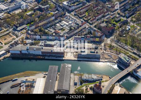 Vista aerea, zona portuale di Nordstadt, cantiere Hafenquartier Speicherstraße e Lagerhausstraße, porto, Dortmund, zona della Ruhr, Renania settentrionale-Vestfalia Foto Stock