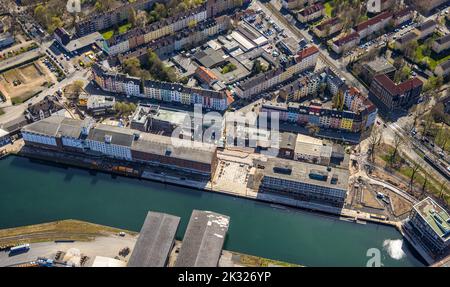 Vista aerea, zona portuale di Nordstadt, cantiere Hafenquartier Speicherstraße e Lagerhausstraße, porto, Dortmund, zona della Ruhr, Renania settentrionale-Vestfalia Foto Stock