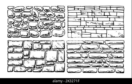 Set di pareti. Muratura in costruzione di case e recinzioni. Materiale da costruzione naturale. Schizzo del contorno disegnato a mano. Isolato su sfondo bianco. Vettore Illustrazione Vettoriale