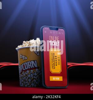 App per la prenotazione online di biglietti per film su smartphone, popcorn e posti per film in background Foto Stock