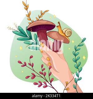 Funghi e ramoscelli nelle mani di una fata forestale. Bello concetto decorativo con una lumaca e foglie. Magica illustrazione autunnale. Clipart pronta all'uso per la progettazione di biglietti d'auguri e stampe. Illustrazione Vettoriale