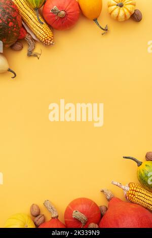 Sfondo autunnale per il design con una cornice decorativa di zucche colorate e zucca invernale Foto Stock