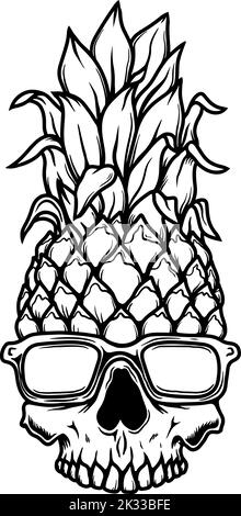 Illustrazione del cranio di ananas negli occhiali da sole. Tema estivo. Elemento di design per poster, scheda, banner, emblema, cartello. Illustrazione vettoriale Illustrazione Vettoriale