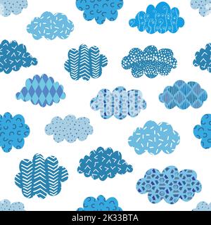 Nuvole blu Doodle modello senza cuciture. Sfondo vettoriale con nuvole a motivi astratti su bianco Illustrazione Vettoriale