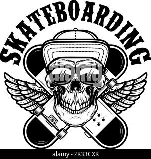 Skateboarder cranio con skateboard incrociati. Elemento di design per logo, etichetta, poster, t-shirt. Illustrazione vettoriale Illustrazione Vettoriale