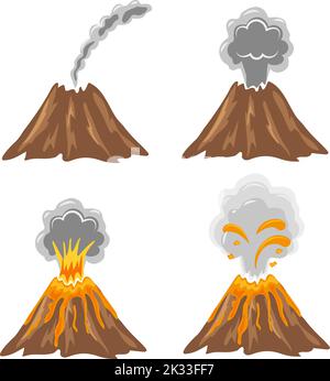 Diverse fasi del vulcano. Set vettoriale di icone di eruzione del vulcano isolato su bianco Illustrazione Vettoriale