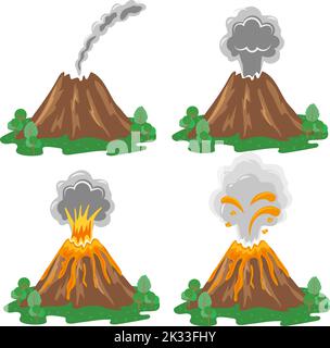 Set vettoriale di illustrazioni di eruzione del vulcano isolato su bianco. Diverse fasi dell'attività del vulcano Illustrazione Vettoriale