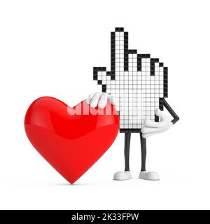 Pixel mano cursore personaggio Mascot persona con cuore Rosso su sfondo bianco. rendering 3D Foto Stock