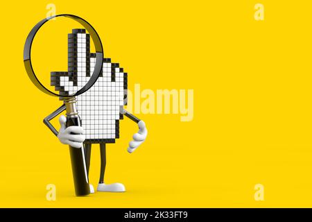 Pixel Hand Cursor personaggio Mascot persona con lente d'ingrandimento su sfondo giallo. rendering 3D Foto Stock