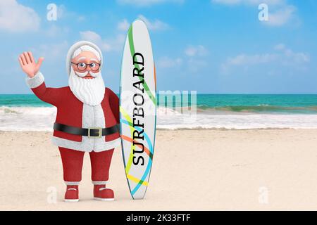 Buon Natale e Capodanno messaggio di saluto. Cartone animato allegro Babbo Natale Granpa Giving Thumb Up su un oceano o spiaggia di sabbia di mare con Surfboard extrem Foto Stock
