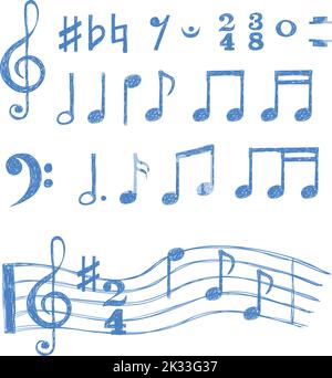 Set di note musicali. Collezione di simboli di musica di schizzo isolati su bianco. Illustrazione vettoriale. Illustrazione Vettoriale