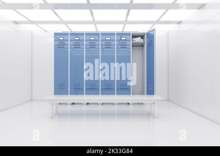 Armadietti in acciaio blu con panca in bianco illuminato astratto vuoto spazio aperto, corridoio o stanza interno estrema closeup. rendering 3D Foto Stock