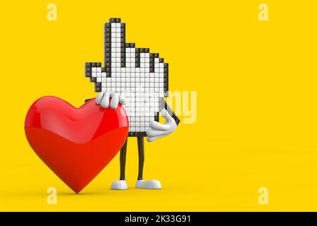 Pixel mano cursore Mascot personaggio persona con cuore rosso su sfondo giallo. rendering 3D Foto Stock