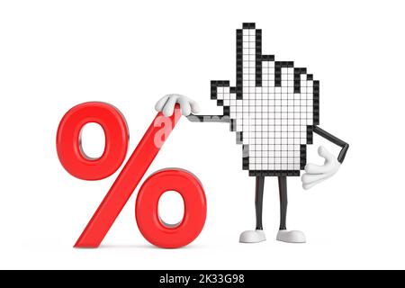 Pixel Hand Cursor Mascot personaggio persona con Red Retail percentuale di vendita o di sconto segno su uno sfondo bianco. rendering 3D Foto Stock