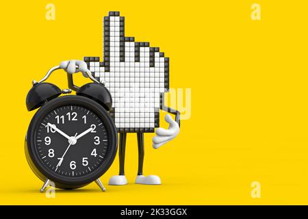 Pixel mano cursore Mascot personaggio persona con sveglia orologio su uno sfondo giallo. rendering 3D Foto Stock