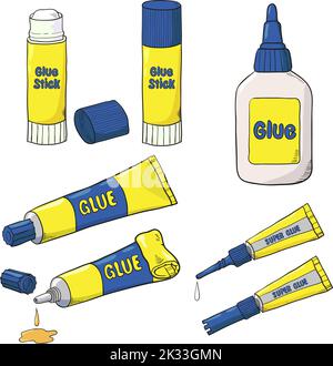 Set di colla per cartoni animati. Raccolta vettoriale di tubi di colla, flacone e stick isolati su bianco Illustrazione Vettoriale