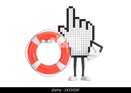 Pixel mano cursore personaggio Mascot persona con Life Buoy su sfondo bianco. rendering 3D Foto Stock