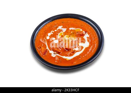 Curry di pollo rosso piccante. Vindaloo di pollo alla goa. Pollo al burro Murgh Makhani curry arrosto piatto con sugo di carne caldo e piccante Dhaba Punjab, India. North Ind Foto Stock