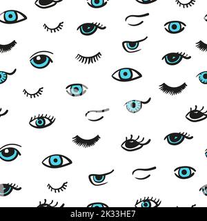 Doodle Eyes modello senza cuciture. Sfondo vettoriale con occhi e ciglia blu carini Illustrazione Vettoriale