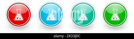 Scienza, laboratorio, icone chimiche icone vettoriali, colorati pulsanti lucidi su bianco Illustrazione Vettoriale