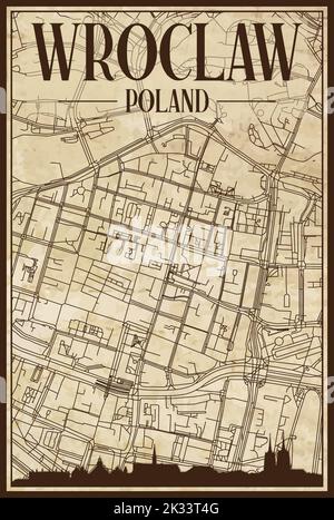 Marrone vintage stampa a mano mappa di rete strade del centro DI WROCLAW, POLONIA con skyline marrone della città e scritte Illustrazione Vettoriale