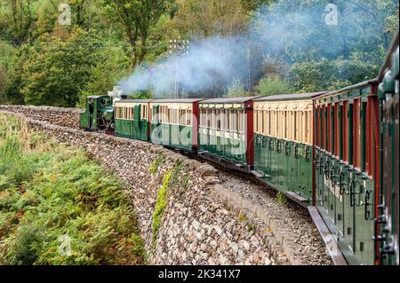 Porthmadog, Galles del Nord, Regno Unito. 24th Set, 2022. Il sole splese su Porthmadog nel Galles del Nord oggi alla ferrovia a scartamento ridotto Blaeneau Ffestiniog. Motore a scartamento ridotto 'Blanche' con il 10,55 'Woodland Wanderer' a Tan-y-Bwlch. Credit: AG News/Alamy Live News Foto Stock