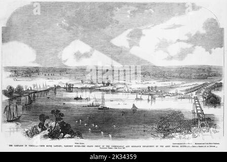 La Campagna in Virginia - White House Landing, Pamunkey River - il Grande deposito del Commissariato e Dipartimento di Ordnanza dell'esercito prima di Richmond. Giugno 1862. Illustrazione della guerra civile americana del 19th° secolo dal quotidiano illustrato di Frank Leslie Foto Stock