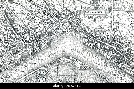 Mappa di Westminster non sviluppata nel 16th ° secolo Londra Inghilterra. Cuore di Londra, tra cui Whitehall e il Tamigi Foto Stock