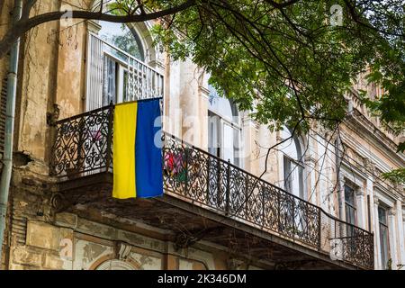 Tbilisi, Georgia - 2022 settembre: Bandiera Ucraina sulla strada, centro di Tbilisi, Georgia. Pro Ucraina segno di sostegno in Tbilsi Georgia Foto Stock