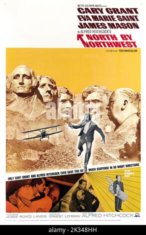 Poster del film d'epoca 1950s - Nord del nord-ovest. Diretto da Alfred Hitchcock, con Cary Grant, Eva Marie Saint e James Mason Foto Stock