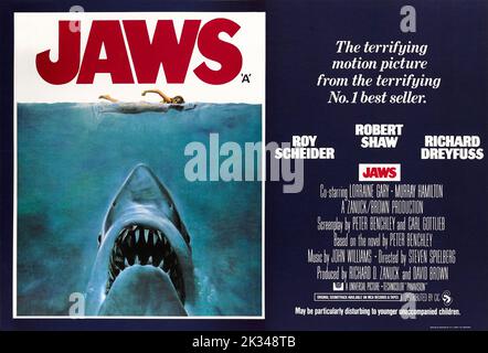 Poster Vintage Film - JAWS. 1975 diretto da Steven Spielberg.Starring Roy Scheider,Richard Dreyfuss,Robert Shaw Foto Stock