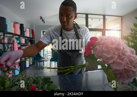 L'uomo adulto raccoglie i fiori in un bouquet Foto Stock