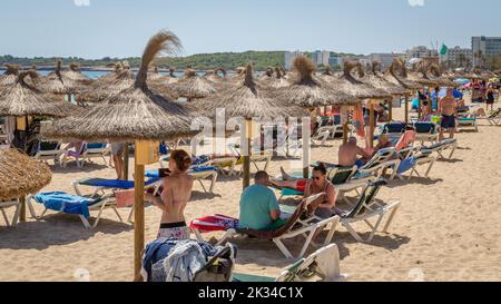 Spiaggia vivace Playa de Sant Llorenc con ombrelloni, Cala Millor, Maiorca, Spagna Foto Stock