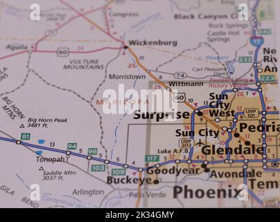 Suprise Arizona upclose on a roadmap, Sun City Arizona, Sun City West Arizona Foto Stock