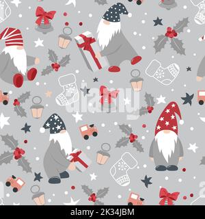 Cute modello di Natale con nani, campane di Natale e regali. Ripetizione senza giunture. Illustrazione Vettoriale